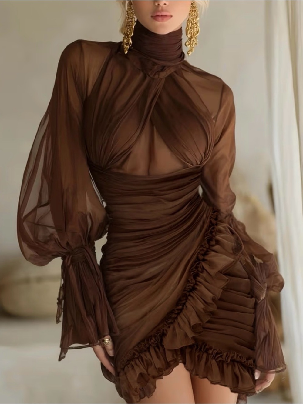 Miss Rosier Brown Mini Ruched Sheer Long-Sleeve with Mock Neck Fall Dress Size M